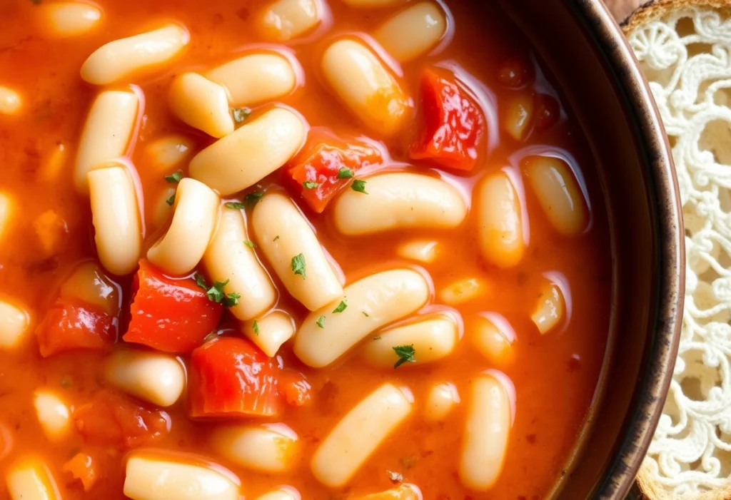 A comforting bowl of classic Pasta e Fagioli soup with ditalini pasta, white beans, and tomatoes.