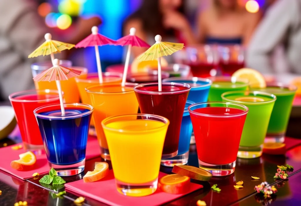 A colorful display of assorted jello shots in small cups, showcasing vibrant fruity flavors for a festive party atmosphere.