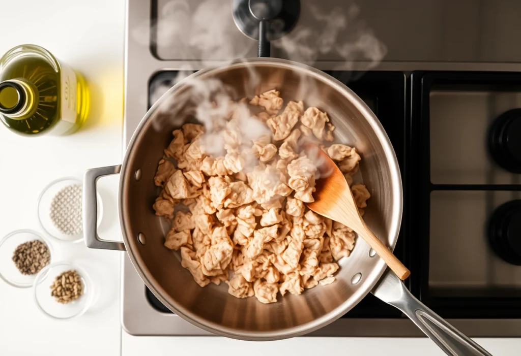 Cooking chicken mince in a skillet with spices, perfect for easy beginner recipes.