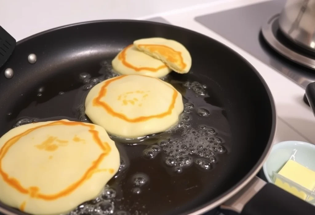 Cooking Scotch pancakes in a frying pan with bubbles forming, showcasing the pancake-making process, scotch pancake recipe, yummi haven, yummy haven.