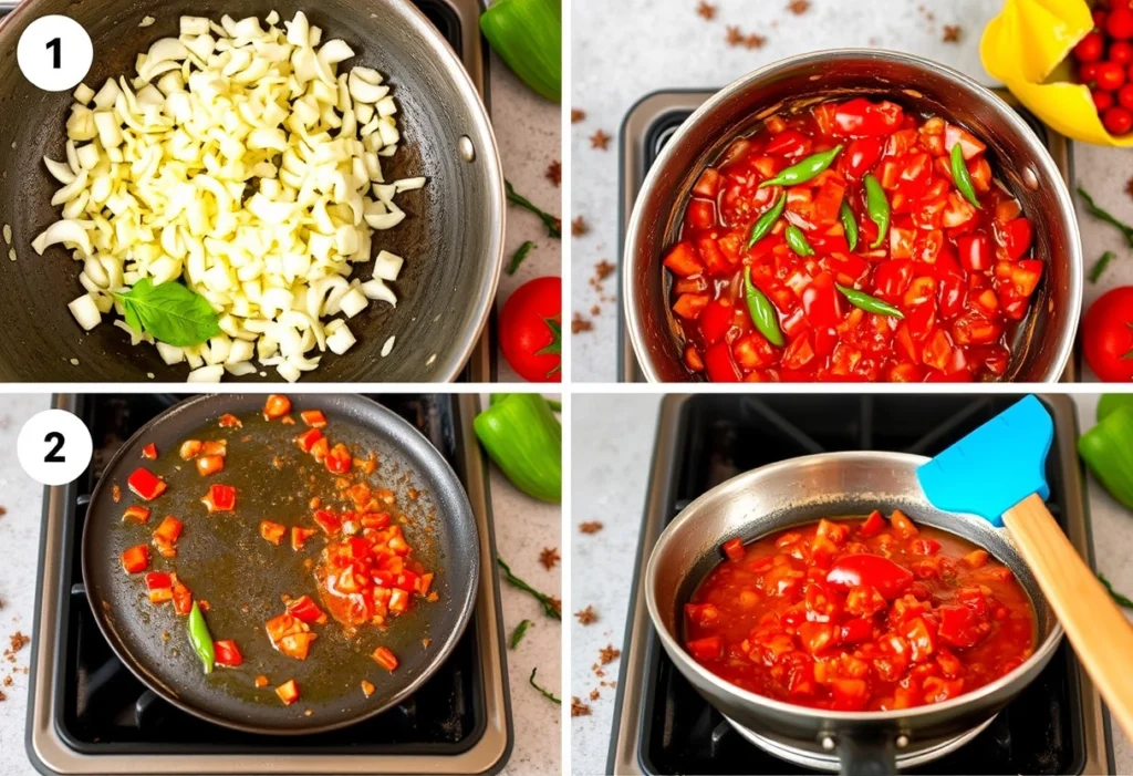 Cooking tomato chutney in a pan with sautéed vegetables and spices, tomato chutney recipe, yummi haven, yummy haven.