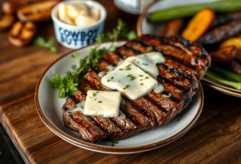 Grilled steak topped with melting Cowboy Butter, accompanied by fresh herbs and grilled vegetables in a rustic setting. Served with cowboy butter