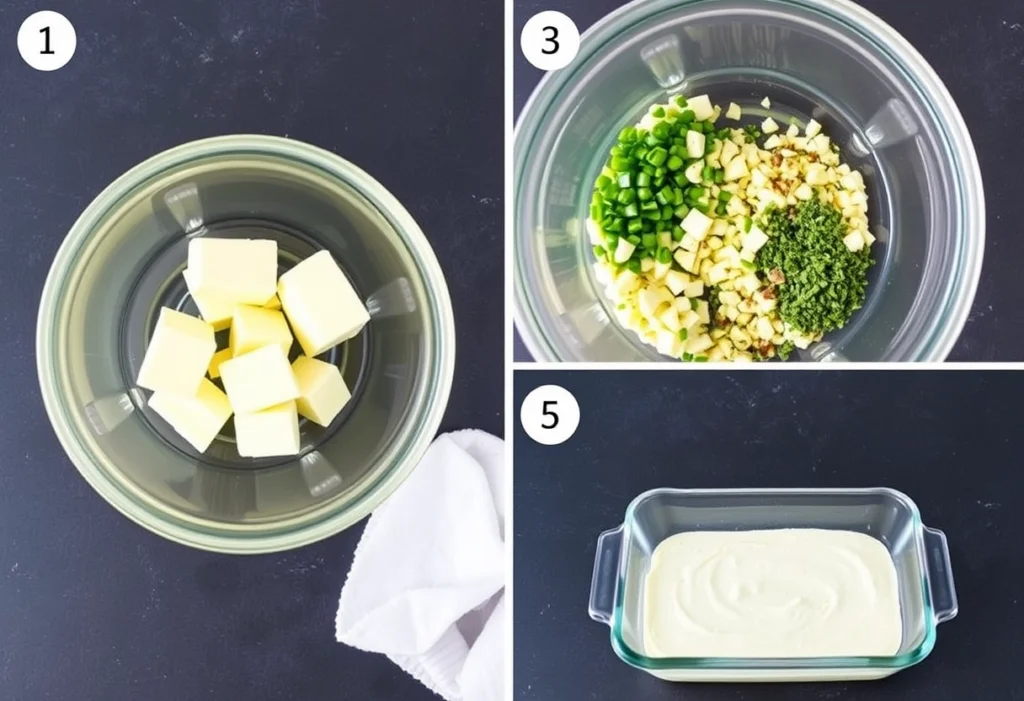 Step-by-step collage of preparing Cowboy Butter, including softened butter, minced garlic, herbs, and the final mixing process.