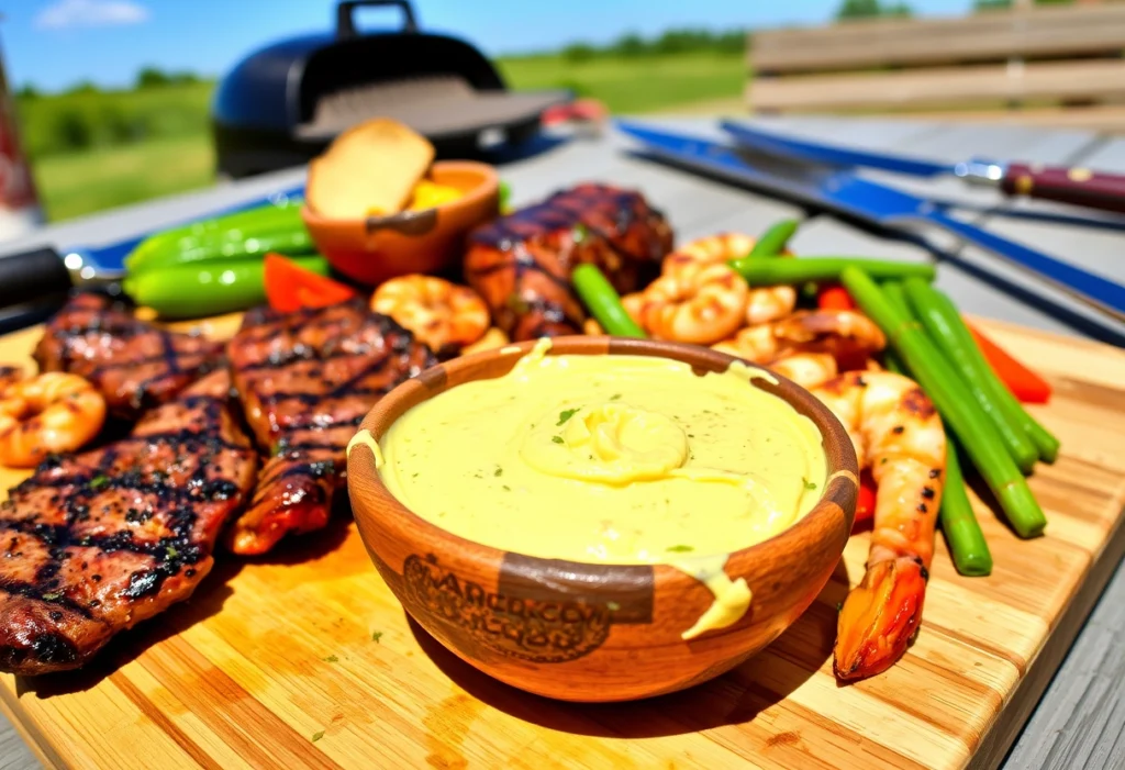 Cowboy Butter served with grilled steak, shrimp, and vegetables, showcasing a vibrant summer cookout scene.