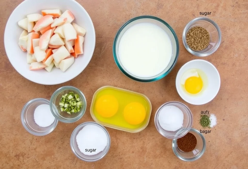 Colorful display of essential ingredients for crab brulee, including fresh crab meat, heavy cream, and egg yolks, crab brulee recipe, YummiHaven.