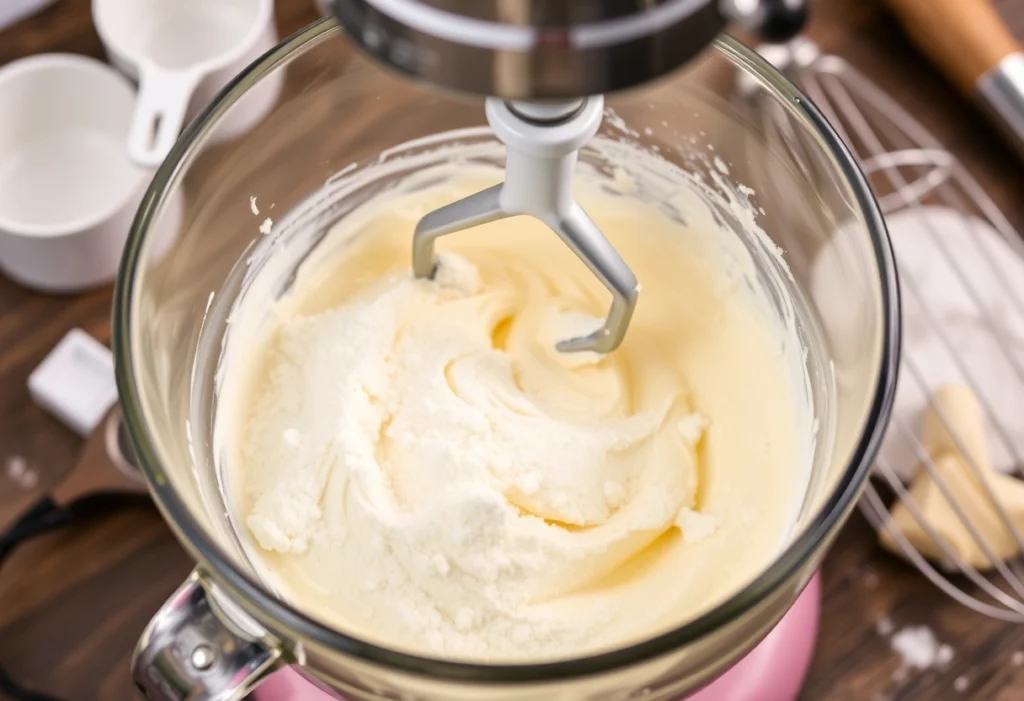 Close-up of an electric mixer creaming butter and sugar in a bowl, surrounded by baking tools, old school cake recipe, Yummi Haven, Yummy Haven.