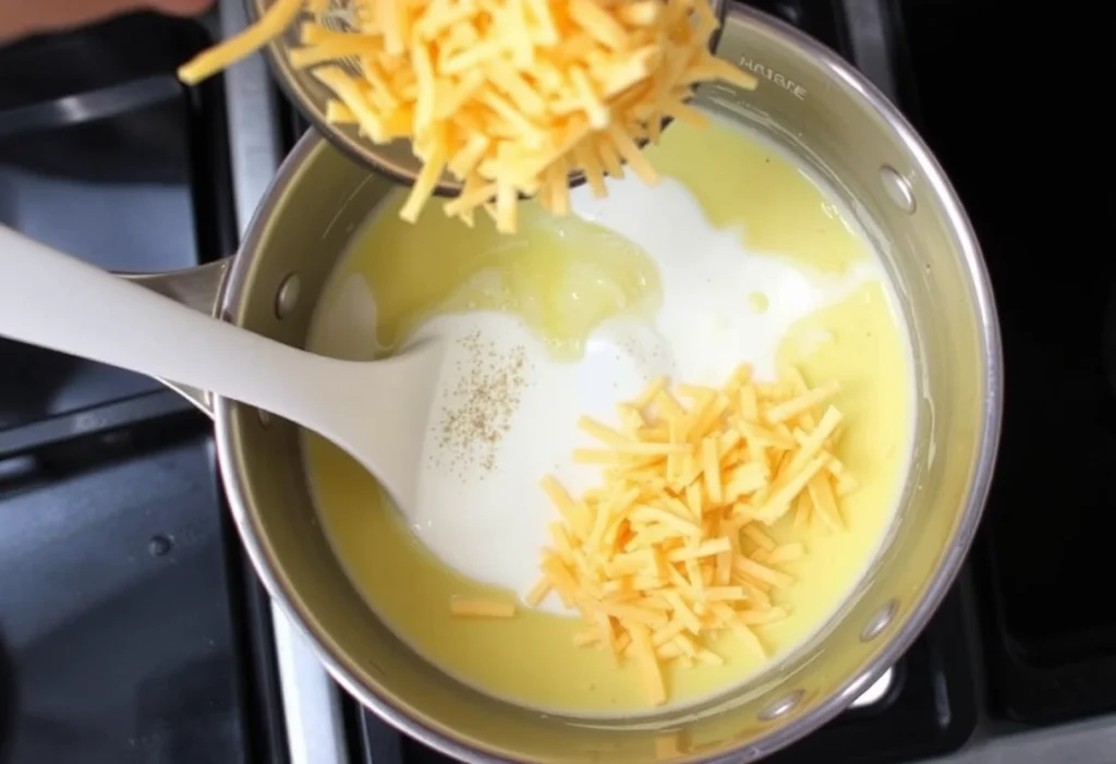 A saucepan with melting butter, cream, and cheddar cheese for a cheesy potatoes recipe, cheesy potatoes recipe, yummy haven, yummi haven.