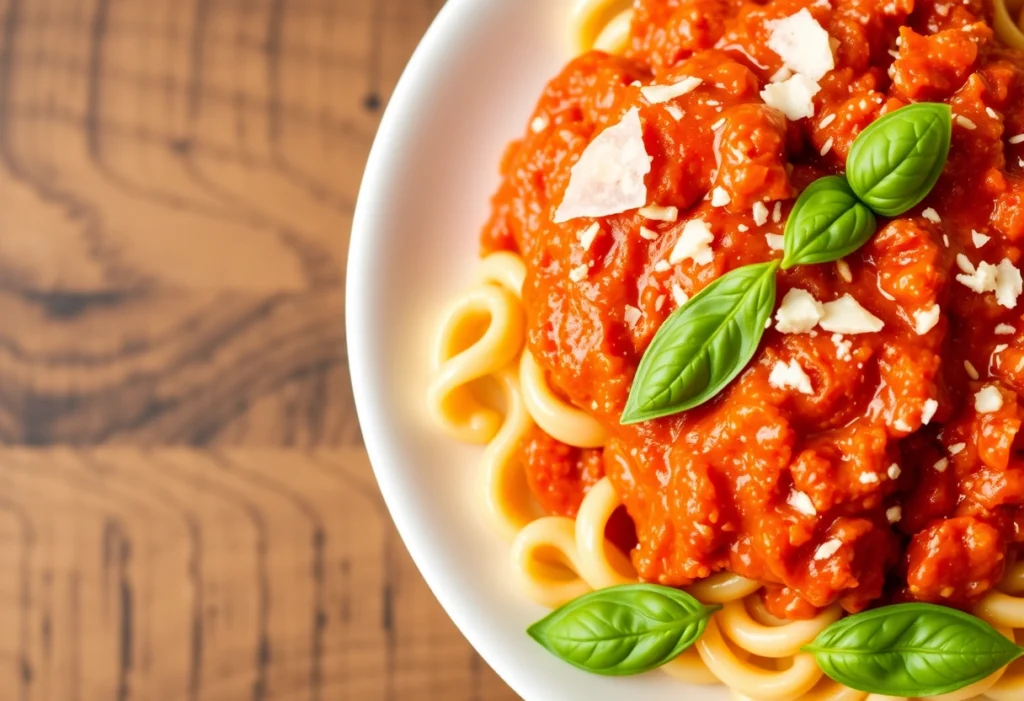 Creamy tomato ditalini pasta with fresh basil and Parmesan cheese.