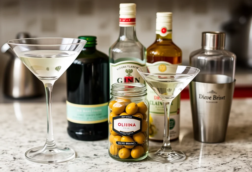 Ingredients for a Dirty Martini including gin, dry vermouth, olive brine, and green olives, dirty martini recipe, yummi haven, yummy haven.