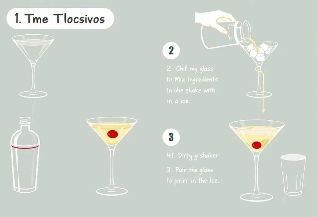 Step-by-step guide to making a Dirty Martini with illustrations of the process, dirty martini recipe, yummi haven, yummy haven.