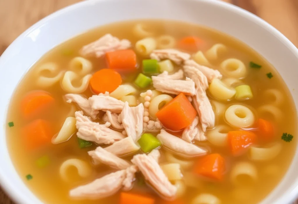 Cozy bowl of ditalini chicken noodle soup with vegetables and tender chicken.