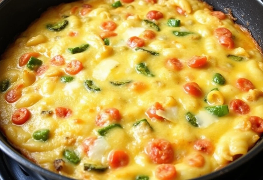 Fluffy ditalini frittata with mixed vegetables and cheese.