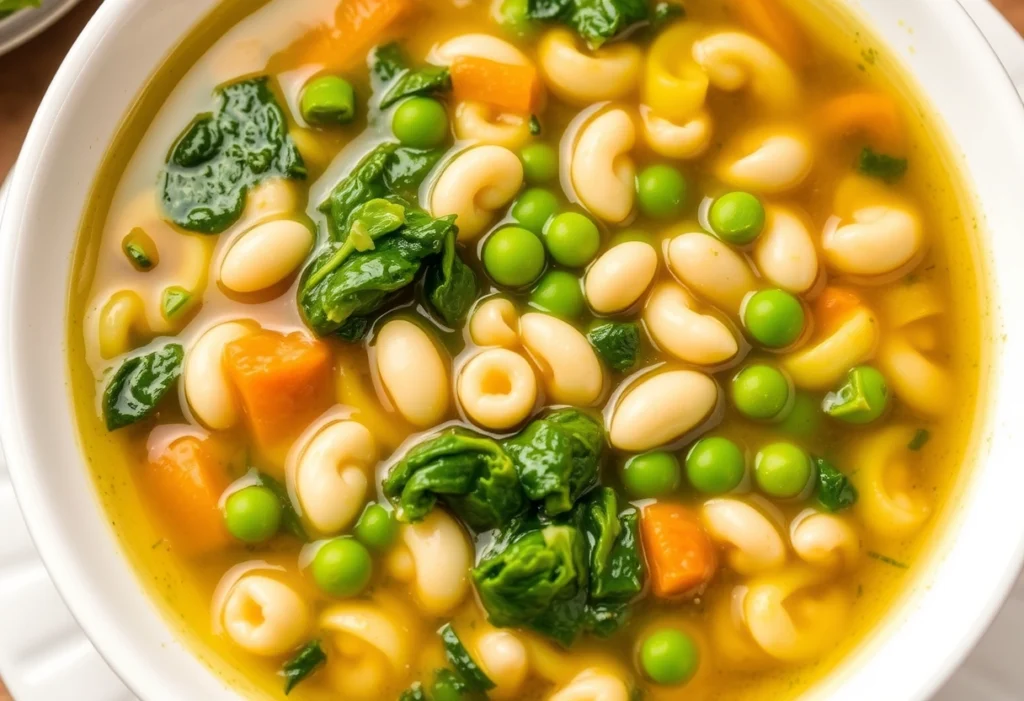 Fresh ditalini minestrone verde with green vegetables and white beans.