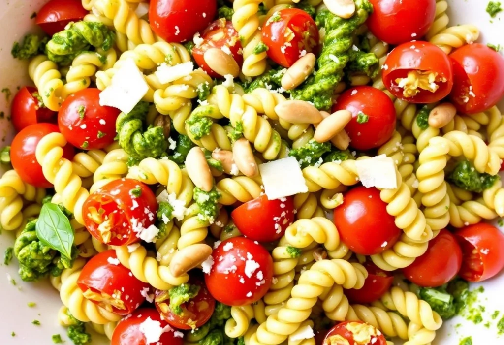 Zesty ditalini pesto pasta salad with tomatoes, pine nuts, and Parmesan.