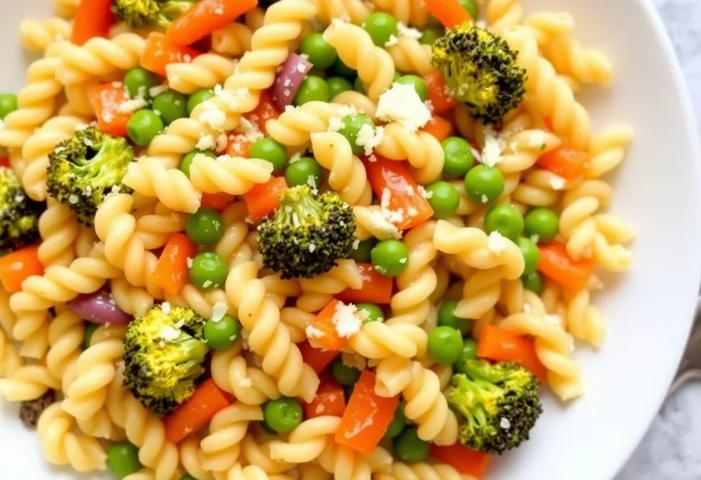 Colorful ditalini primavera with mixed vegetables and Parmesan cheese.