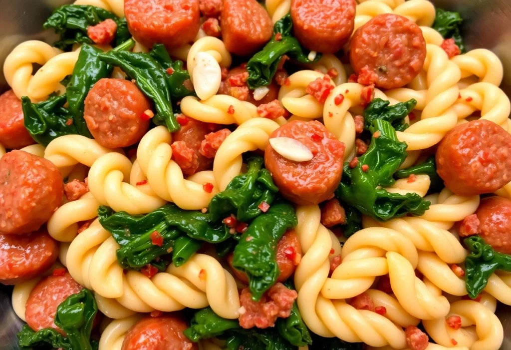 Hearty ditalini pasta with Italian sausage, kale, and red pepper flakes.