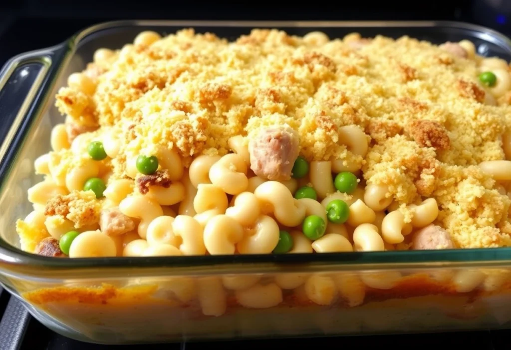 Tuna casserole with ditalini pasta, peas, and a crispy breadcrumb topping.