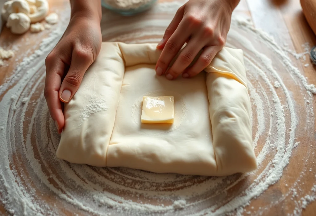 Dough being folded in thirds with butter for lamination, part of a Swiss Gipfeli recipe in a rustic kitchen.