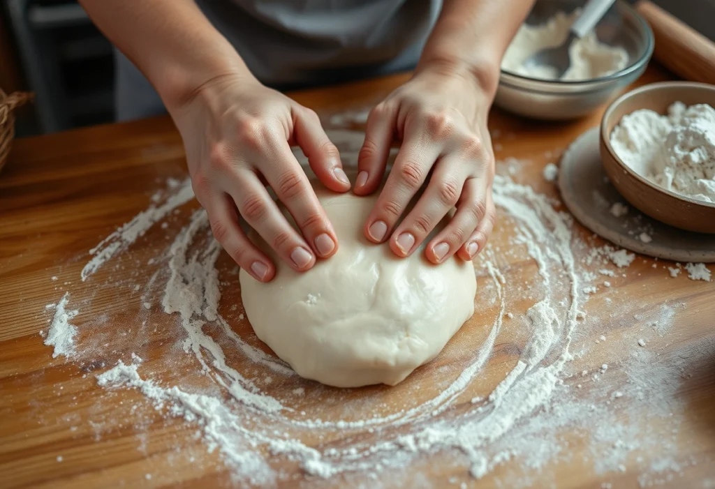 Dough being kneaded into a soft ball for a Swiss Gipfeli recipe, with flour-dusted hands and wooden countertop.