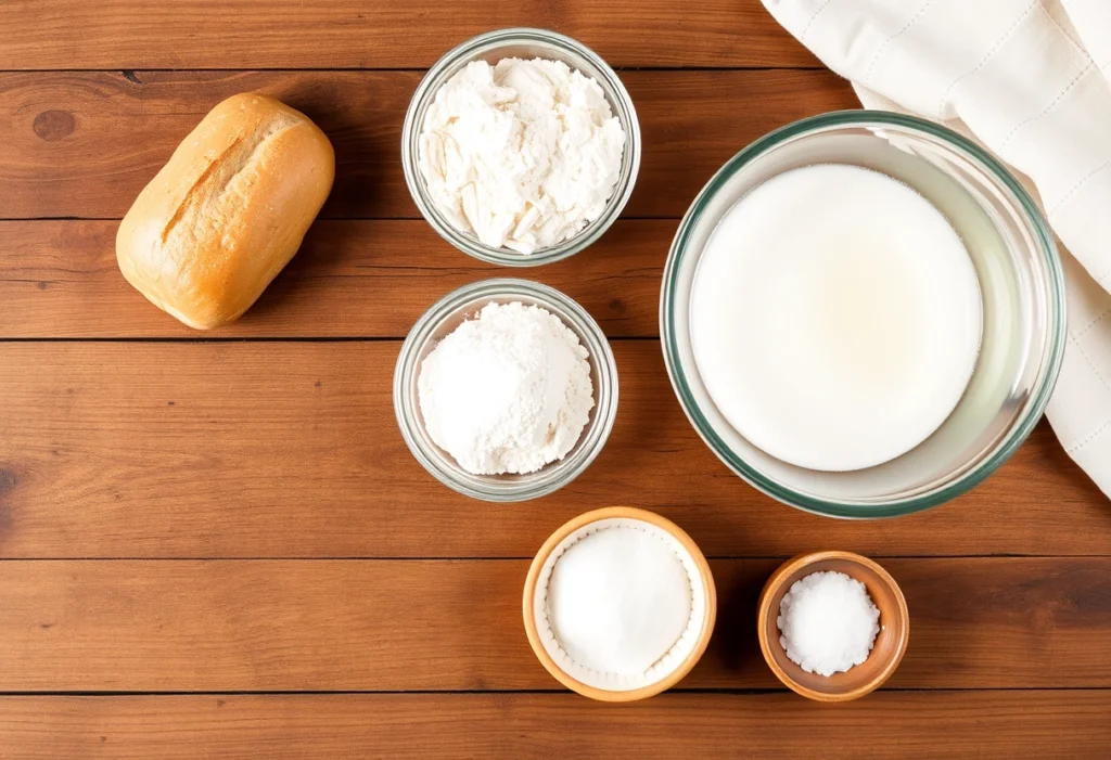 Essential ingredients for French bread recipe including flour, water, yeast, and salt on a wooden table, French bread recipe, yummi haven, yummy haven.