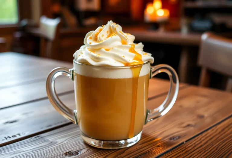 A cozy mug of homemade butterbeer topped with whipped cream and butterscotch syrup, showcasing the final product of the butterbeer recipe, yummi haven, yummy haven.