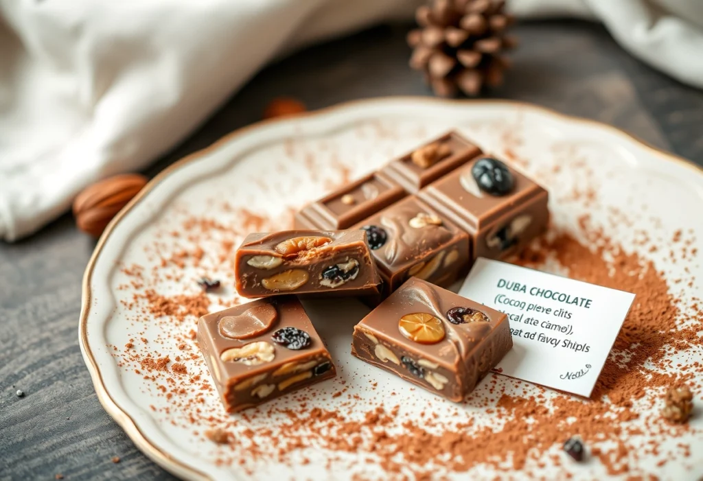 Homemade Dubai chocolate bar with nuts and dried fruits, beautifully presented on a plate.