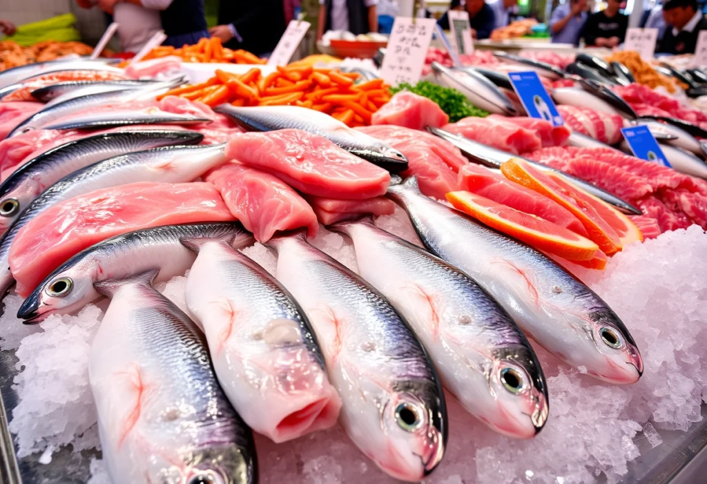 Fresh swordfish fillets displayed at a fish market, emphasizing quality selection for cooking recipes.