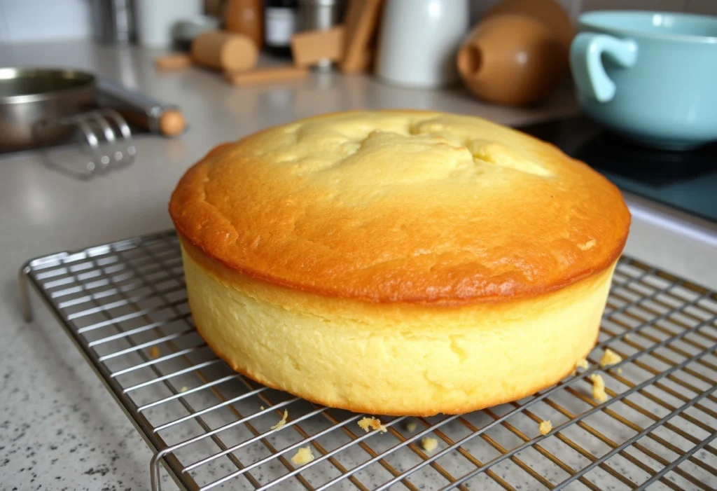 Freshly baked classic cake cooling on a wire rack, set against a cozy kitchen backdrop, old school cake recipe, Yummi Haven, Yummy Haven.