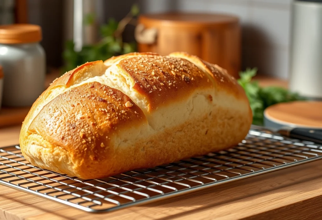 Freshly baked French bread loaf cooling on a rack with herbs and a knife, French bread recipe, yummi haven, yummy haven.