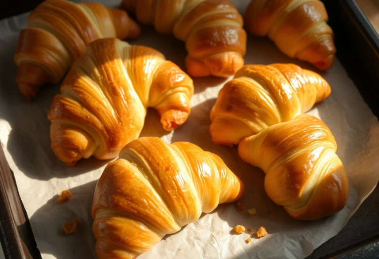 Freshly baked Gipfeli with a golden, flaky crust, cooling on a tray, part of a traditional Swiss pastry recipe, gipfeli recipe​, yummi haven.