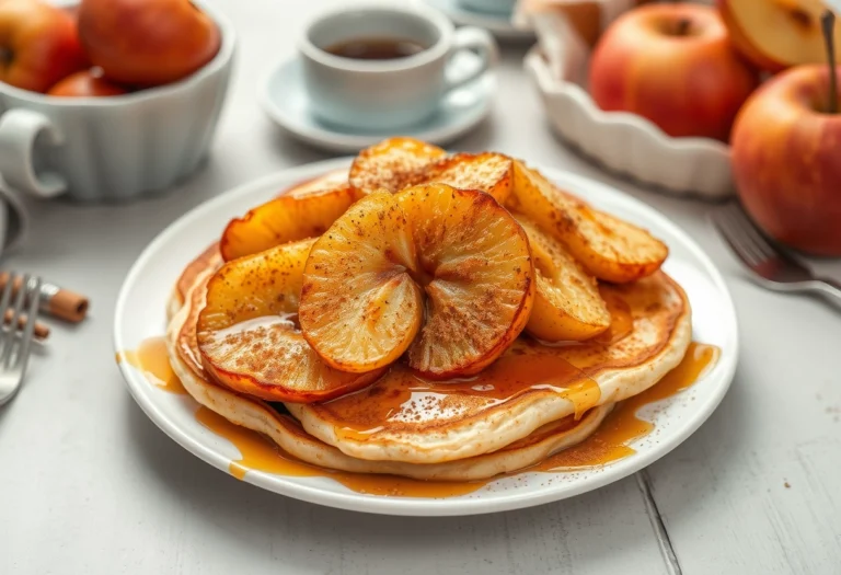 Crispy fried apples served as a topping on pancakes with honey and cinnamon for a healthy breakfast.