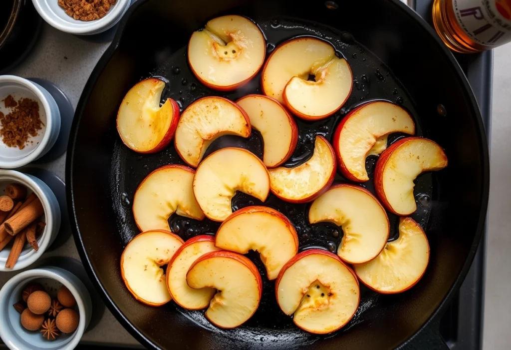 Overhead view of golden-brown apple slices frying in a skillet for a healthy apple recipe.