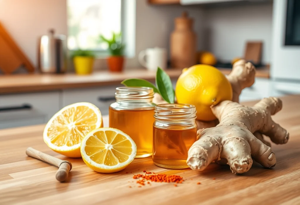 High-quality ingredients for ginger shots, including fresh ginger, lemon, honey, and cayenne pepper, displayed origin a wooden kitchen counter, ginger shot recipe