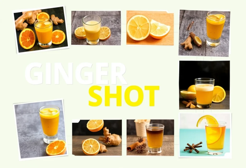 Collage of various ginger shot variations, showcasing different ingredients like turmeric, orange, and spices for a healthy twist.