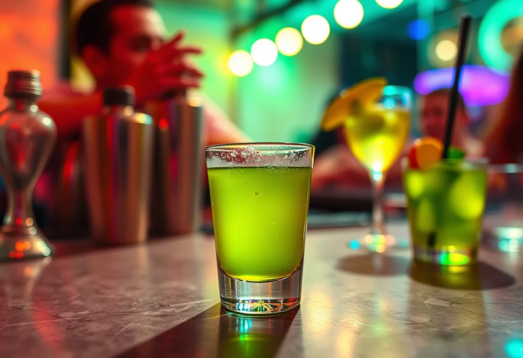 Green tea shot served in a chilled glass at a party, showcasing its light green hue and vibrant energy.