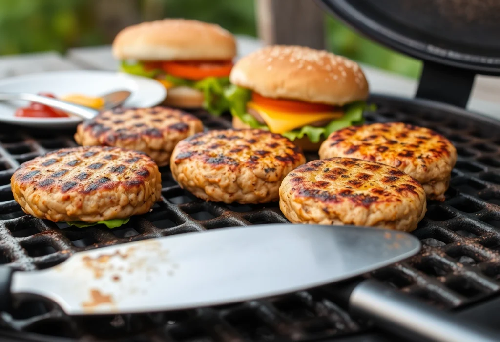 Grilled chicken mince burgers with fresh toppings, a delicious and healthy barbecue option.