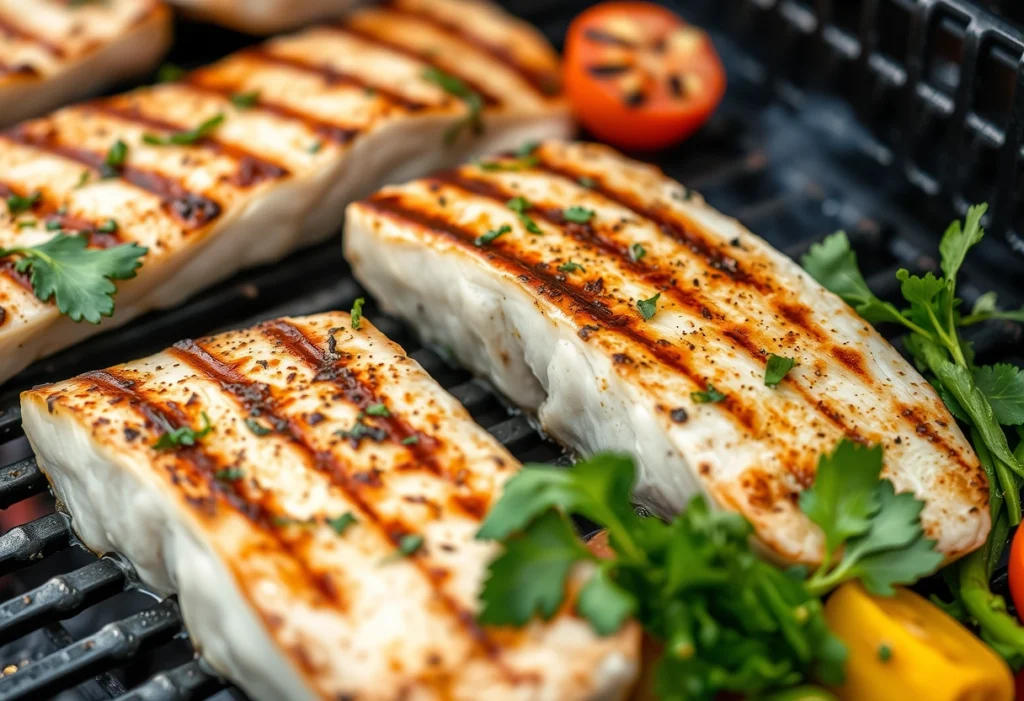 Delicious grilled swordfish steaks on a barbecue grill, ideal for easy cooking recipes.