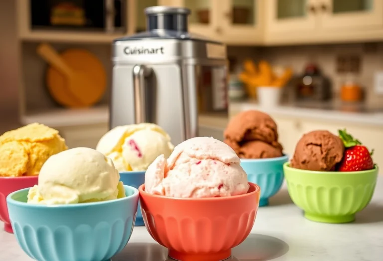 A collection of colorful homemade ice creams in bowls with a Cuisinart ice cream maker recipes in the background, showcasing the joy of making ice cream at home.