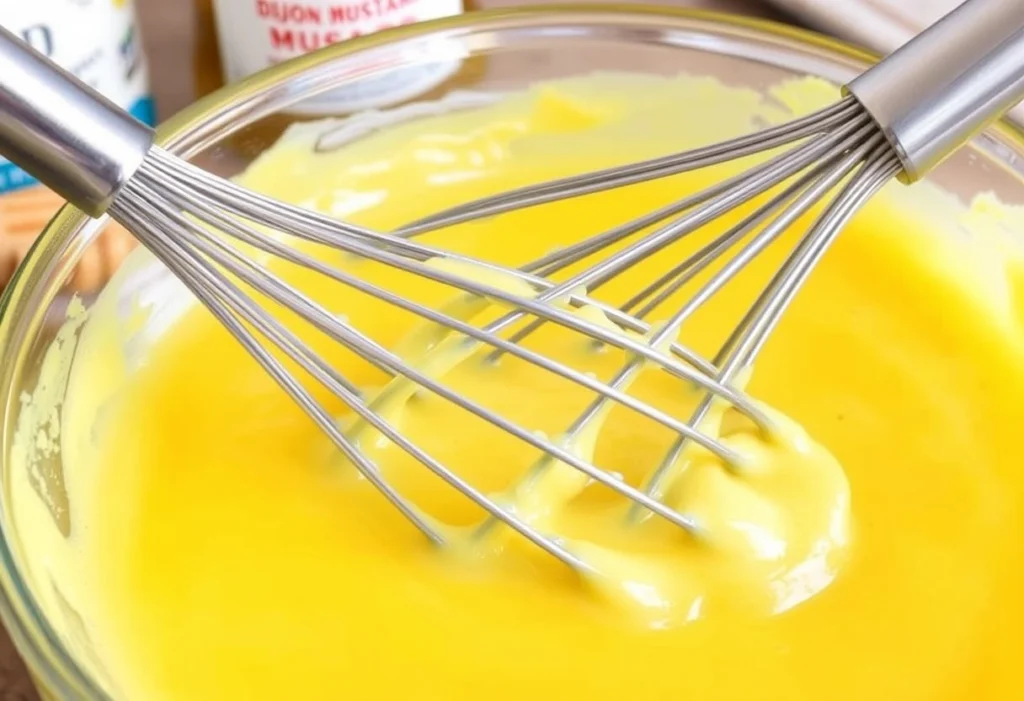 Close-up of honey mustard sauce for Alice Springs Chicken, made with Dijon mustard, honey, and mayonnaise, alice springs chicken recipe, Yummi Haven.