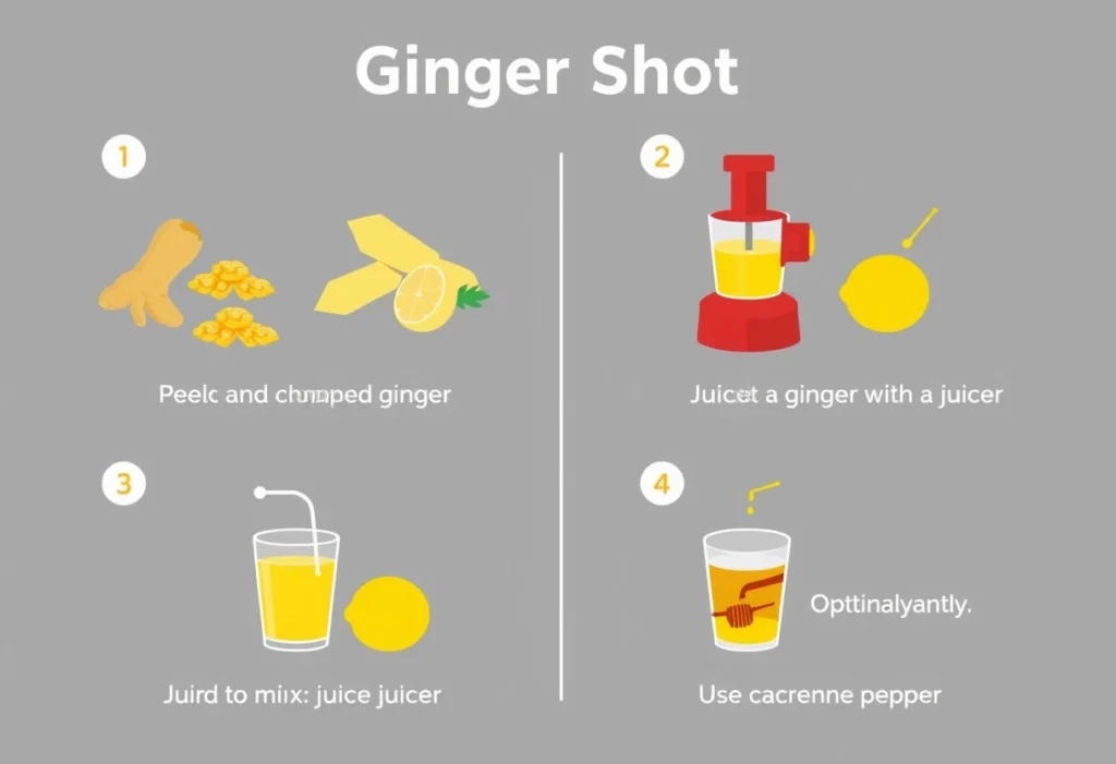 Step-by-step infographic illustrating how to make a ginger shot, including peeling, juicing, and mixing ingredients.