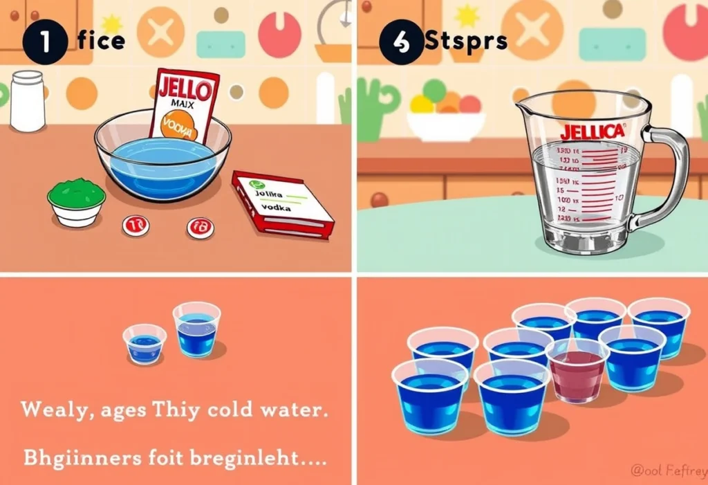 Step-by-step process of making jello shots with ingredients and utensils on a bright kitchen countertop.