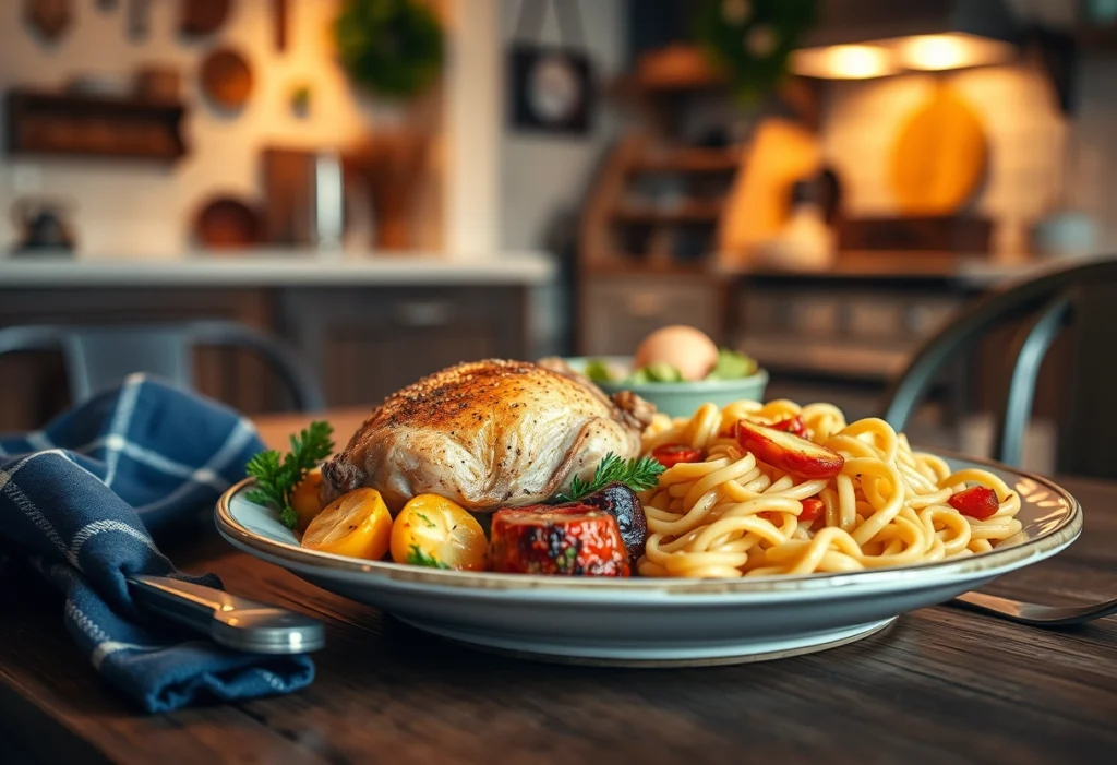 A beautifully plated home-cooked meal featuring roasted chicken, colorful vegetables, and pasta in a cozy kitchen setting.