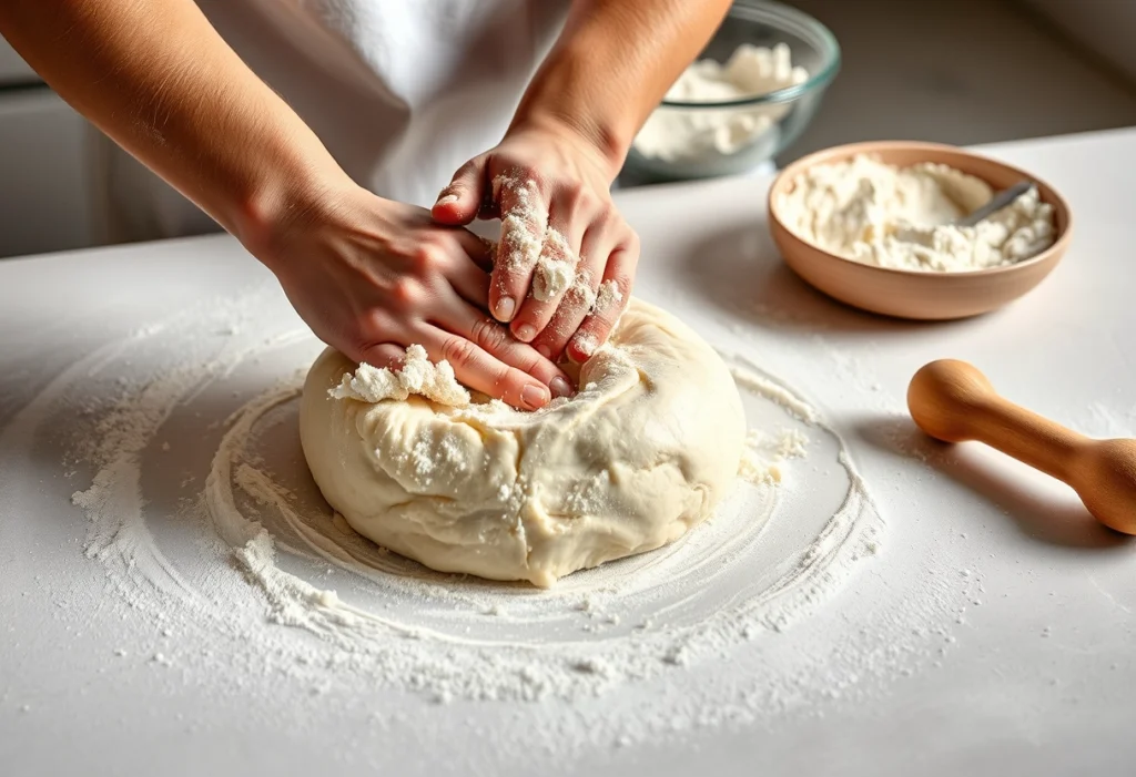 Kneading dough for French bread with flour and tools on a countertop, French bread recipe, yummi haven, yummy haven.