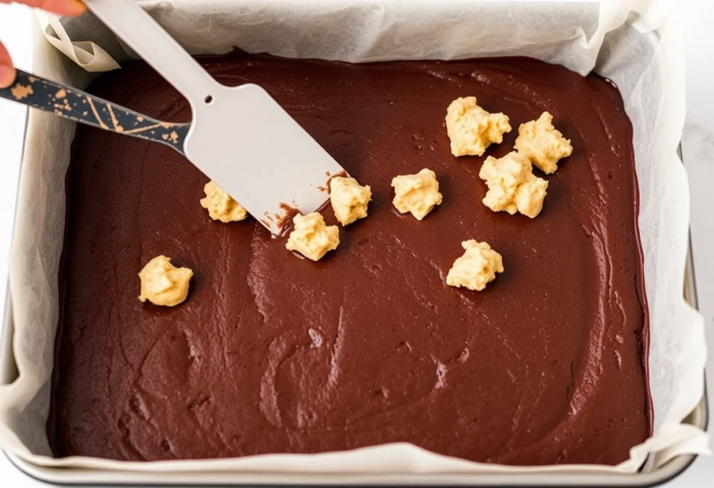 Spoonfuls of cookie dough being spread over brownie batter, key step in making perfect brookies.