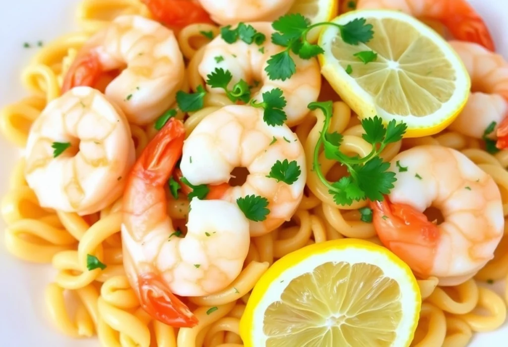 Lemon garlic shrimp with ditalini pasta, fresh parsley, and lemon slices.