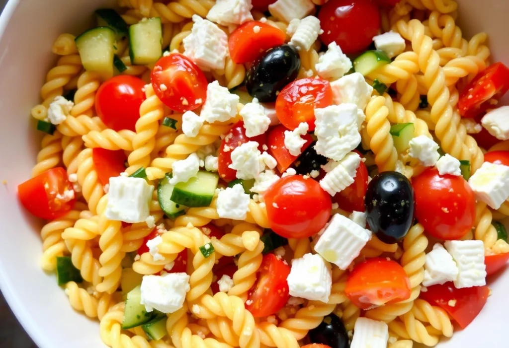 Refreshing Mediterranean ditalini pasta salad with feta, olives, and cucumbers.