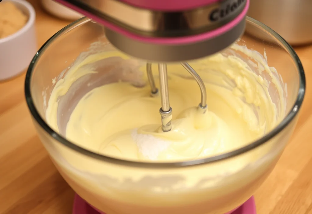 Close-up of mixing butter and sugar for a nostalgic school cake recipe, showcasing a fluffy consistency.