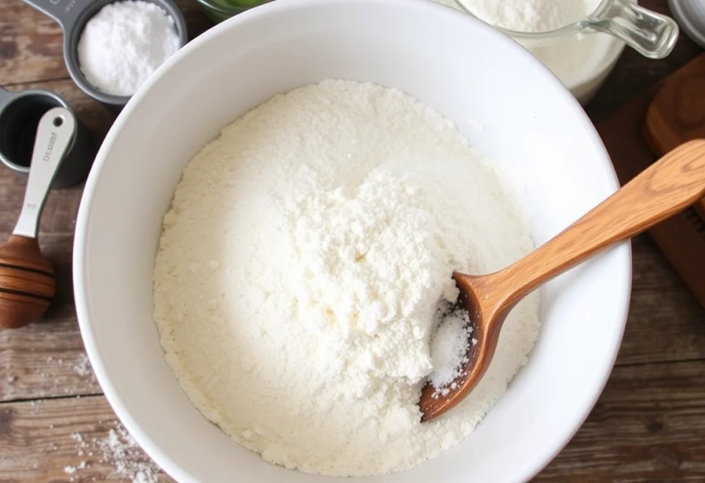 Mixing dry ingredients for Scotch pancakes, including flour, sugar, and baking powder in a rustic kitchen, scotch pancake recipe, yummi haven, yummy haven.