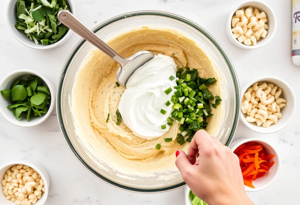 Bowl with Knorr Spinach Dip ingredients being mixed, including spinach, sour cream, mayonnaise, and green onions.