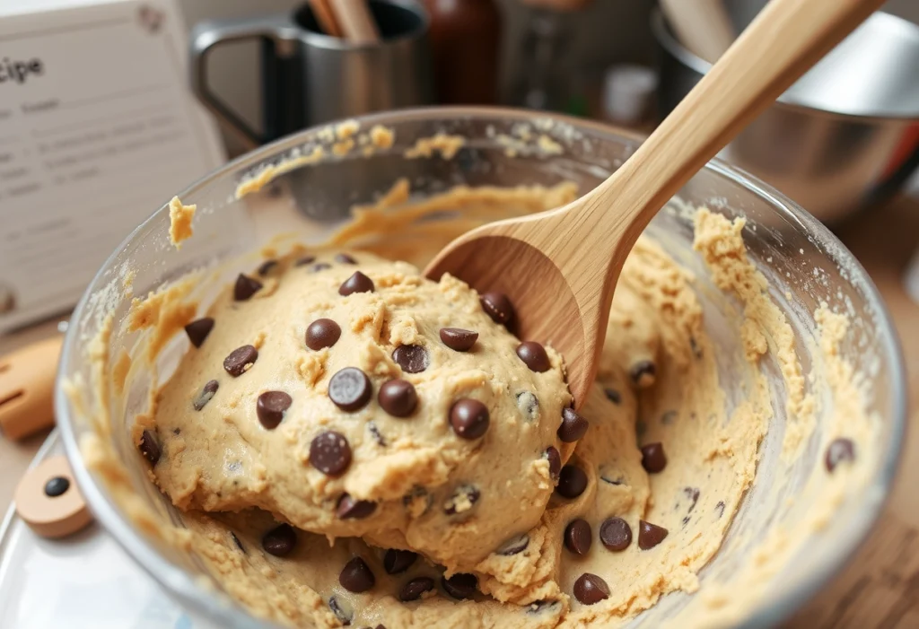 Mixing bowl filled with Toll House cookie dough, showcasing chocolate chips being combined, toll house cookies recipe, yummi haven, yummy haven.